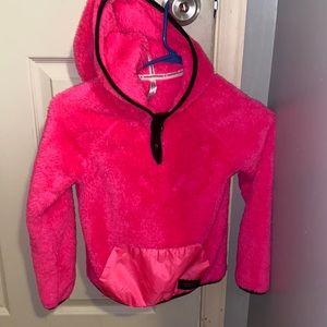 Fuzzy bright pink pull over hoodie sweater